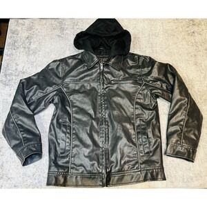Arizona Jean Co Faux Leather Motorcycle Jacket Mens S Black Hooded Full Zip